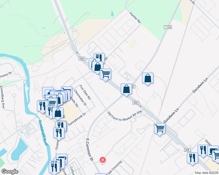 map of restaurants, bars, coffee shops, grocery stores, and more near 1025 Farm to Market Road 306 in New Braunfels