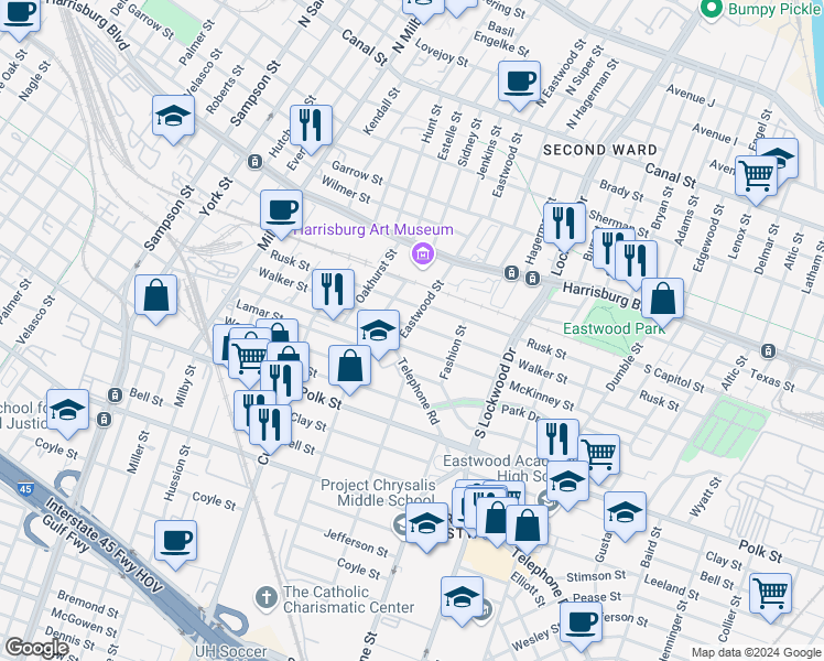 map of restaurants, bars, coffee shops, grocery stores, and more near 4402 Walker Street in Houston