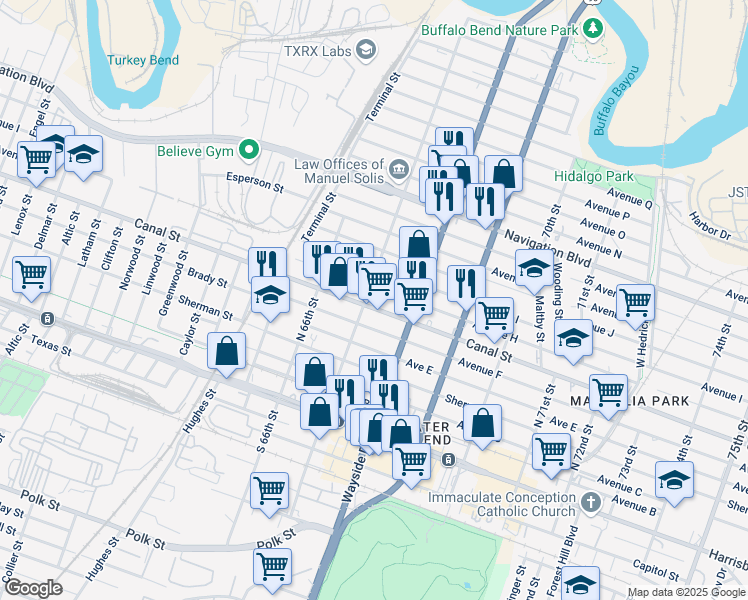 map of restaurants, bars, coffee shops, grocery stores, and more near 6720 1/2 Avenue H in Houston