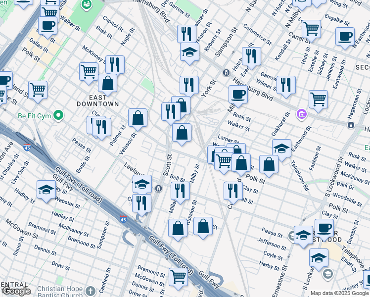 map of restaurants, bars, coffee shops, grocery stores, and more near 1212 Milby St in Houston