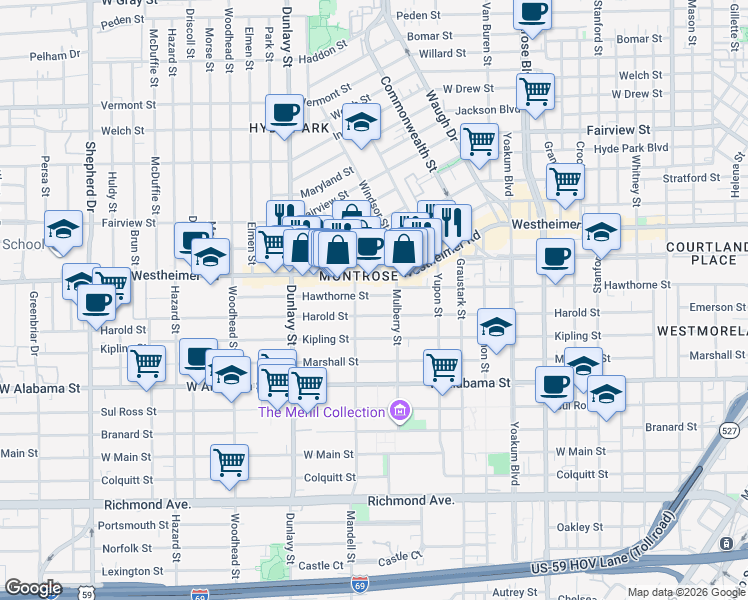 map of restaurants, bars, coffee shops, grocery stores, and more near 1519 Hawthorne Street in Houston