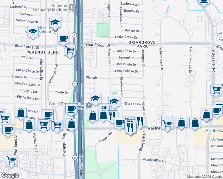 map of restaurants, bars, coffee shops, grocery stores, and more near 10122 Burgoyne Road in Houston