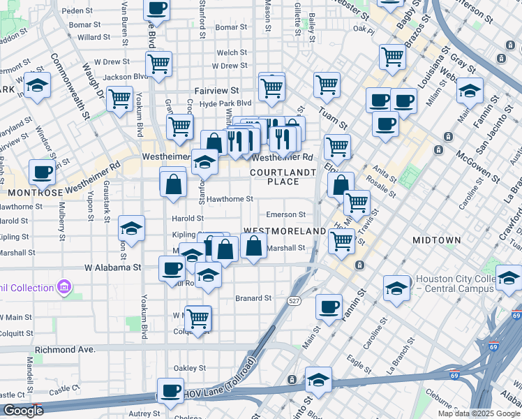 map of restaurants, bars, coffee shops, grocery stores, and more near 201 Emerson Street in Houston