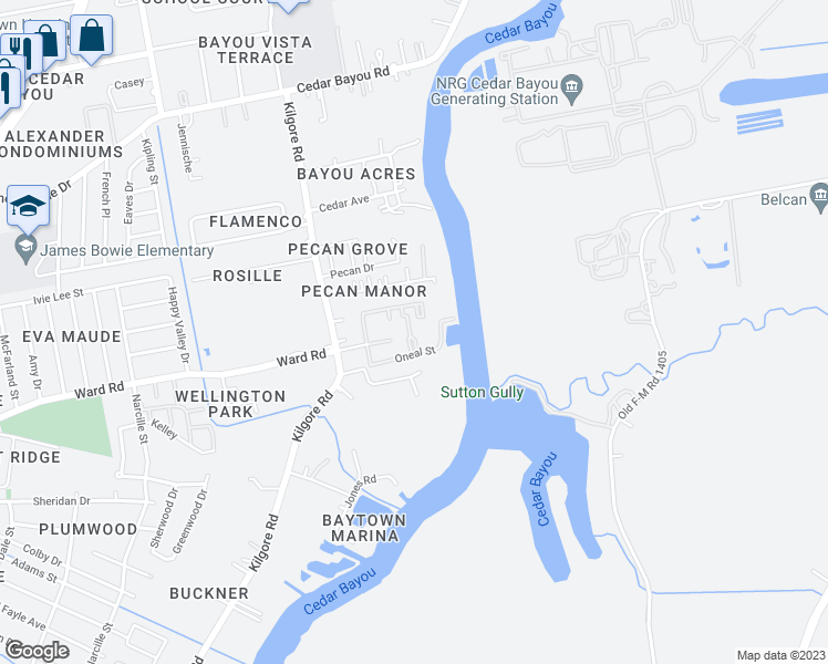 map of restaurants, bars, coffee shops, grocery stores, and more near 2700 Ward Road in Baytown