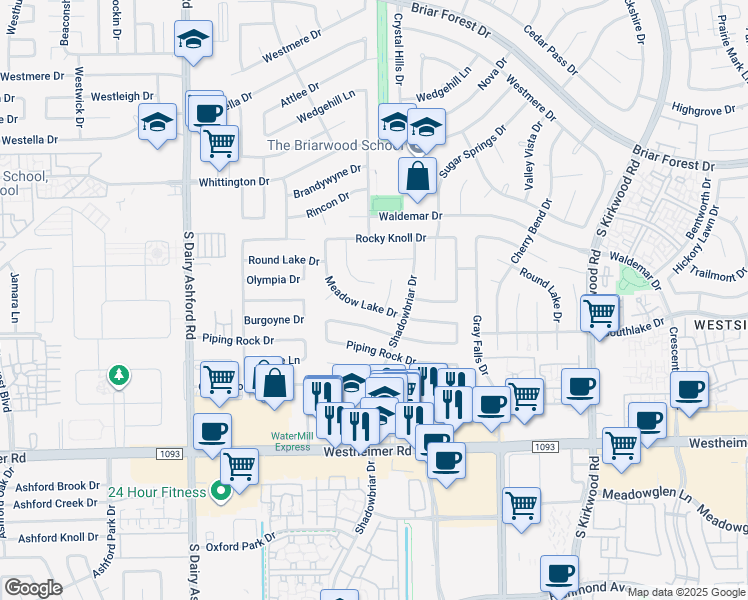 map of restaurants, bars, coffee shops, grocery stores, and more near 12226 Meadow Lake Drive in Houston