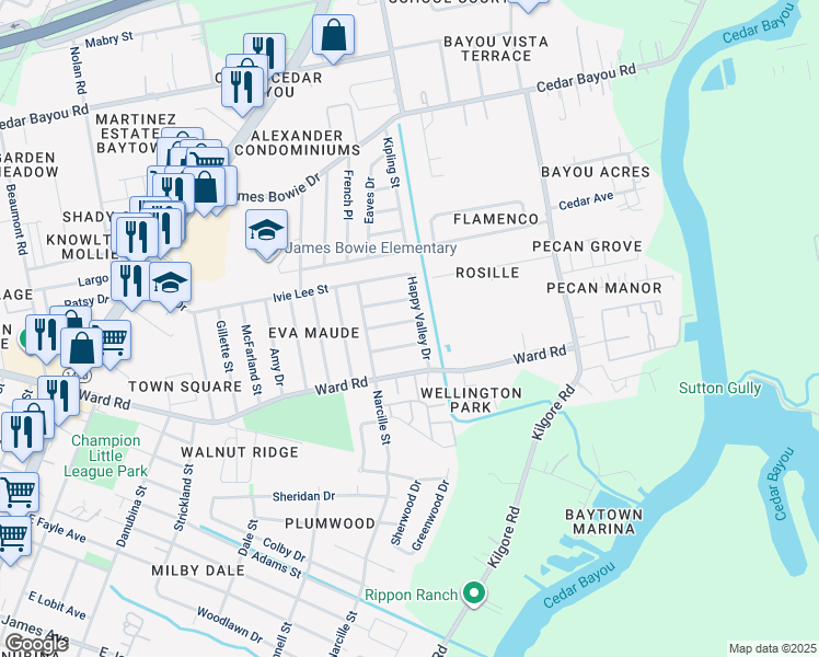 map of restaurants, bars, coffee shops, grocery stores, and more near 2106 Cedarbrake Street in Baytown