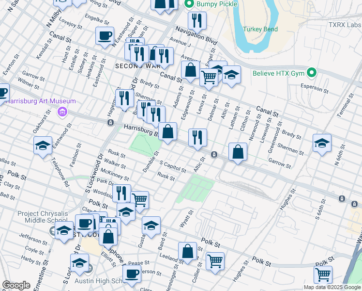 map of restaurants, bars, coffee shops, grocery stores, and more near 5208 Harrisburg Boulevard in Houston