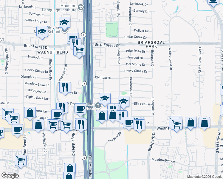 map of restaurants, bars, coffee shops, grocery stores, and more near 10219 Meadow Lake Lane in Houston