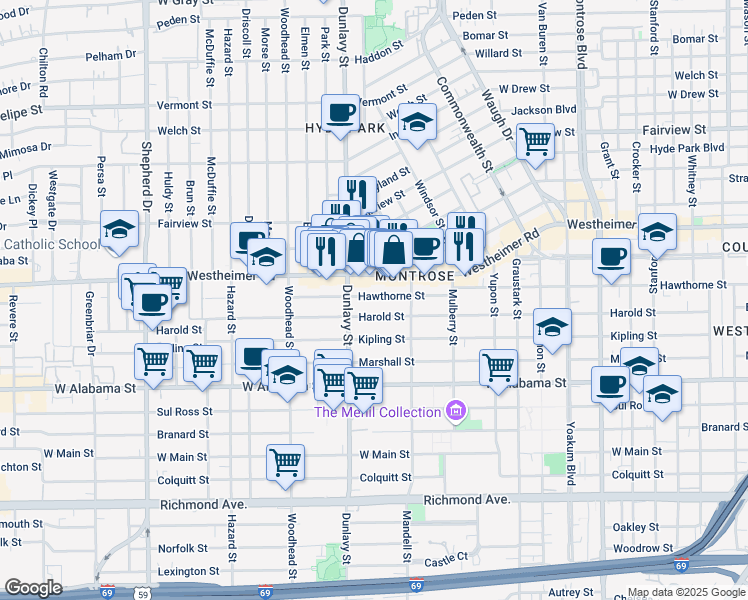 map of restaurants, bars, coffee shops, grocery stores, and more near 1652 Hawthorne Street in Houston