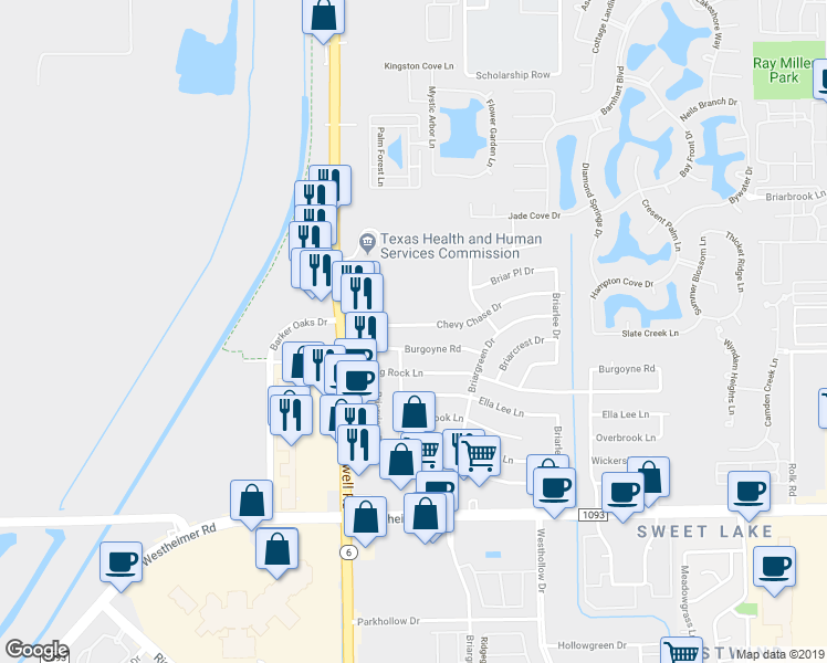 map of restaurants, bars, coffee shops, grocery stores, and more near 14315 Chevy Chase Drive in Houston