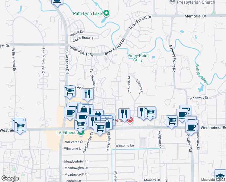 map of restaurants, bars, coffee shops, grocery stores, and more near 2222 Westerland Drive in Houston