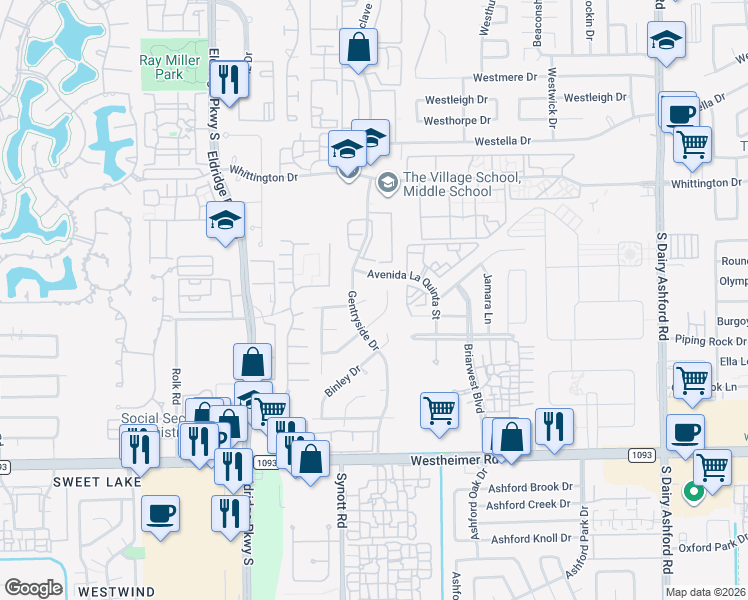 map of restaurants, bars, coffee shops, grocery stores, and more near 13010 Rincon Drive in Houston