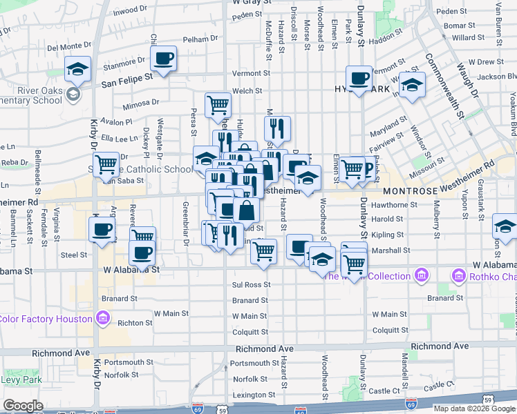map of restaurants, bars, coffee shops, grocery stores, and more near 2001 Westheimer Road in Houston