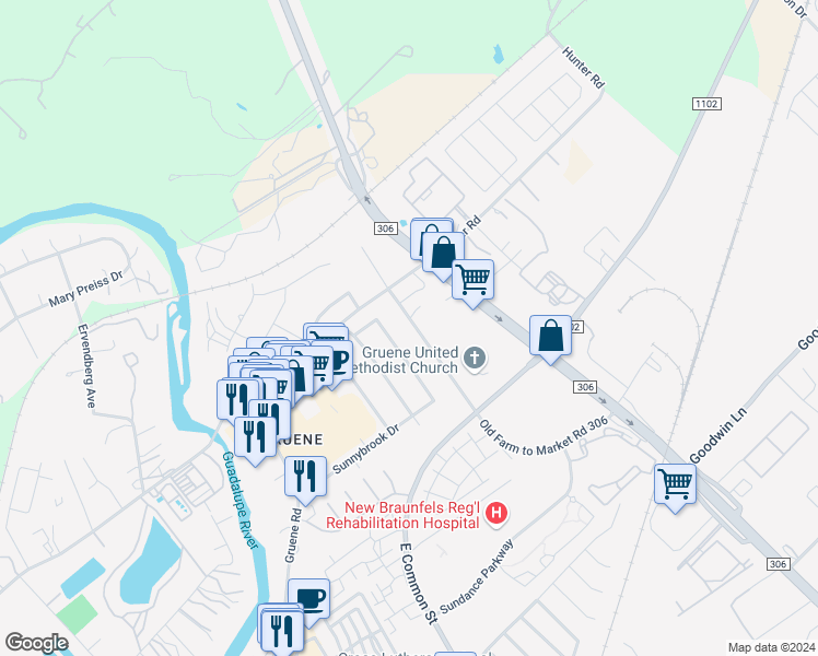 map of restaurants, bars, coffee shops, grocery stores, and more near 1265 Old Farm to Market Road 306 in New Braunfels