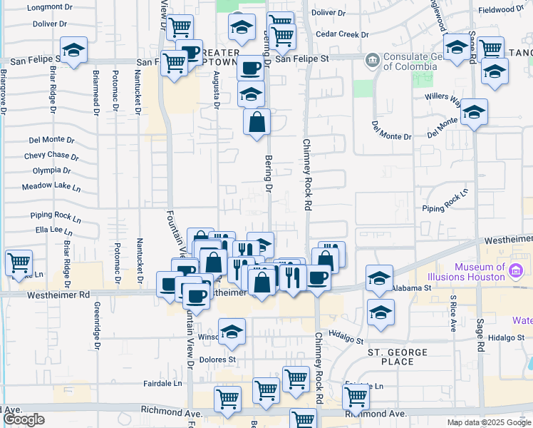 map of restaurants, bars, coffee shops, grocery stores, and more near 2362M Bering Drive in Houston