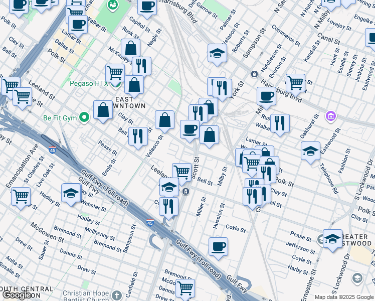 map of restaurants, bars, coffee shops, grocery stores, and more near 3505 Clay Street in Houston