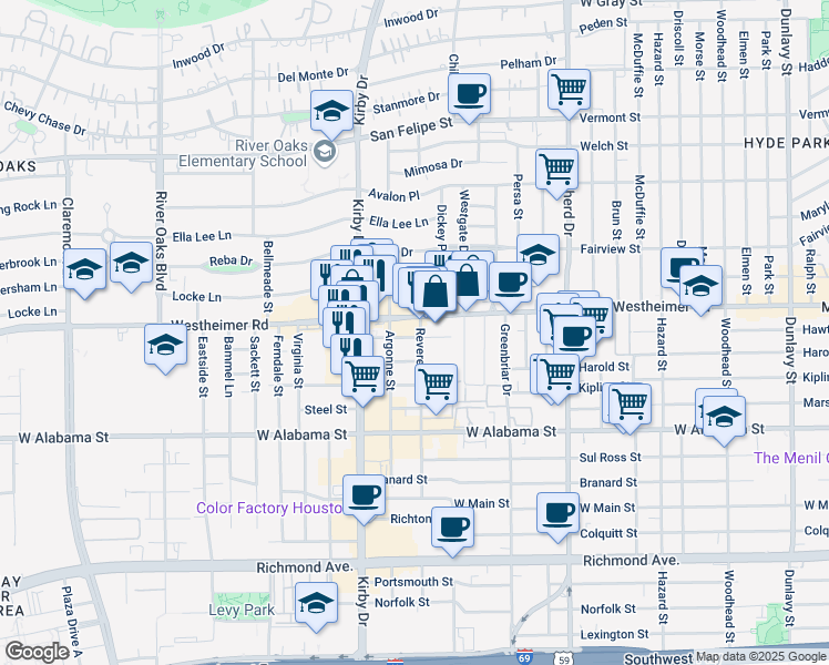 map of restaurants, bars, coffee shops, grocery stores, and more near 2407 Westheimer Road in Houston