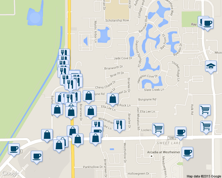 map of restaurants, bars, coffee shops, grocery stores, and more near 2102 Briargreen Drive in Houston