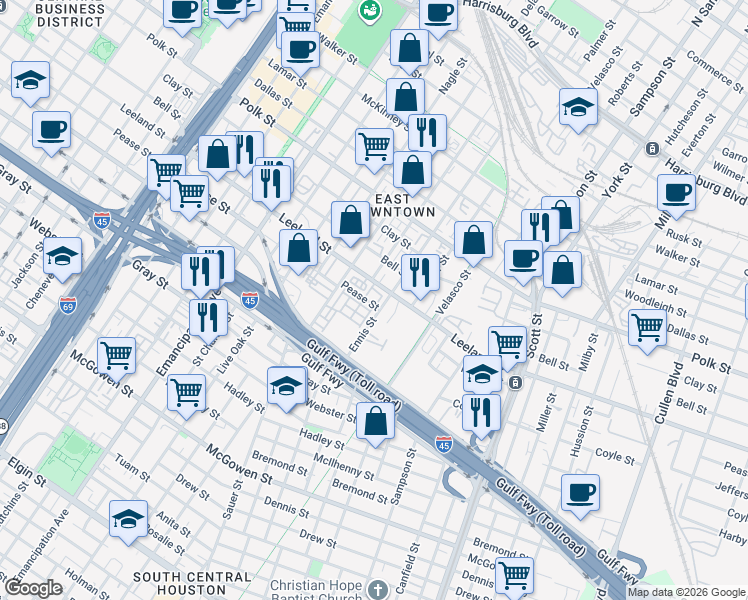 map of restaurants, bars, coffee shops, grocery stores, and more near 2905 Pease Street in Houston