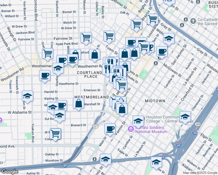 map of restaurants, bars, coffee shops, grocery stores, and more near 201 Hawthorne Street in Houston