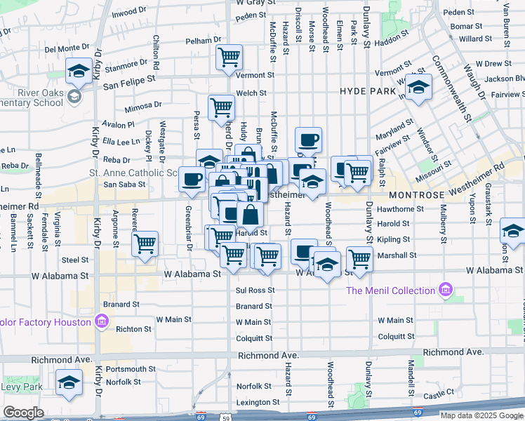 map of restaurants, bars, coffee shops, grocery stores, and more near 2055 Westheimer Road in Houston