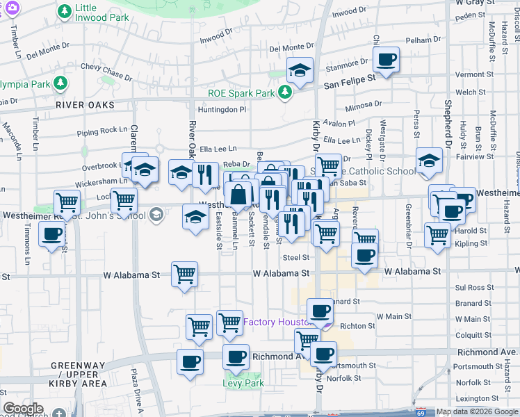 map of restaurants, bars, coffee shops, grocery stores, and more near 2909 Westheimer Road in Houston