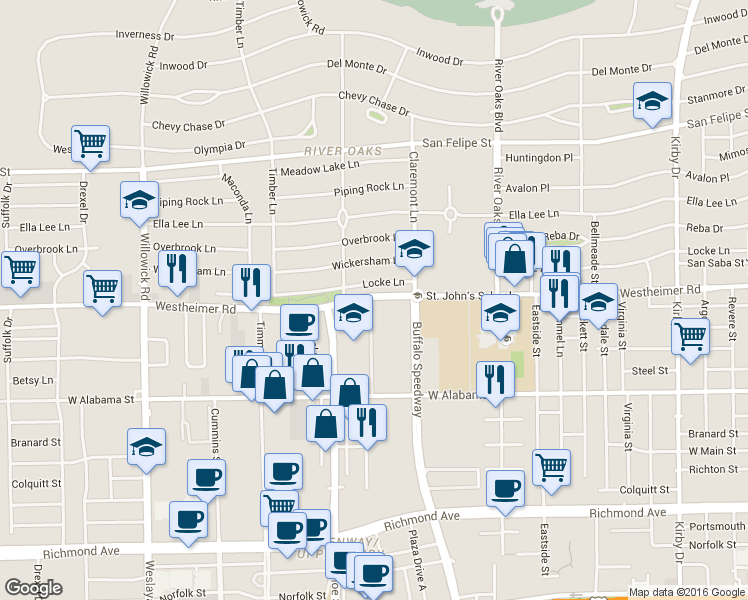 map of restaurants, bars, coffee shops, grocery stores, and more near 3435 Westheimer Road in Houston