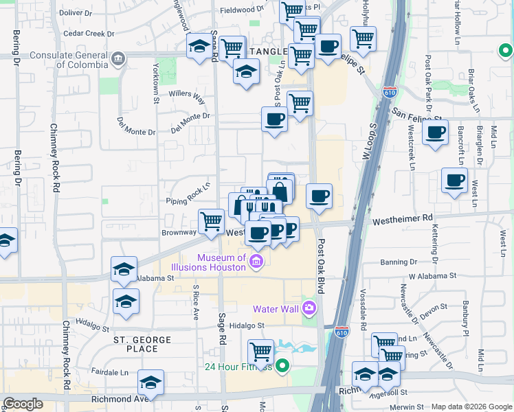 map of restaurants, bars, coffee shops, grocery stores, and more near 2500 McCue Road in Houston