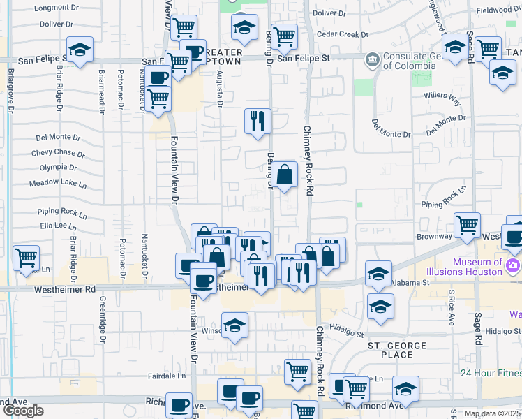 map of restaurants, bars, coffee shops, grocery stores, and more near 2362M Bering Drive in Houston
