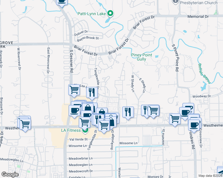 map of restaurants, bars, coffee shops, grocery stores, and more near 2222 Westerland Drive in Houston