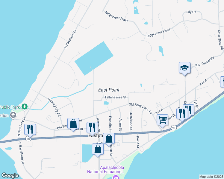 map of restaurants, bars, coffee shops, grocery stores, and more near 299 Tallahassee Street in Eastpoint