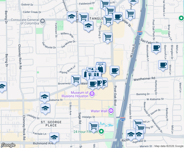 map of restaurants, bars, coffee shops, grocery stores, and more near 2500 McCue Road in Houston