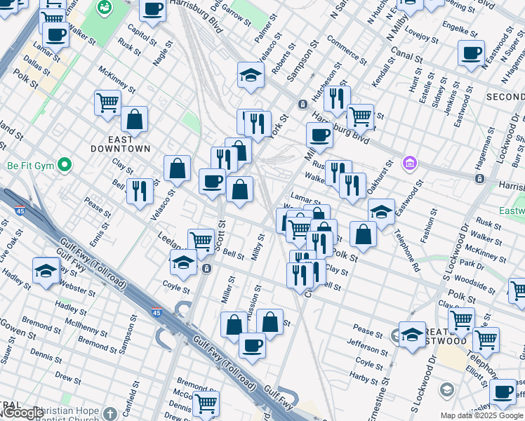 map of restaurants, bars, coffee shops, grocery stores, and more near 1212 Milby St in Houston