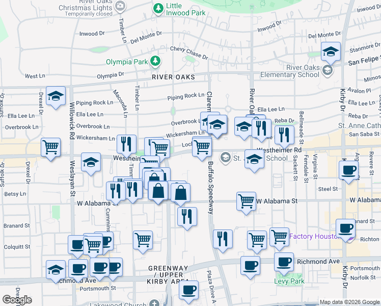 map of restaurants, bars, coffee shops, grocery stores, and more near 3433 Westheimer Road in Houston