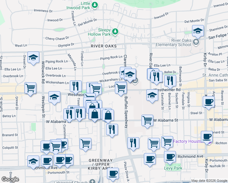 map of restaurants, bars, coffee shops, grocery stores, and more near 3433 Westheimer Road in Houston
