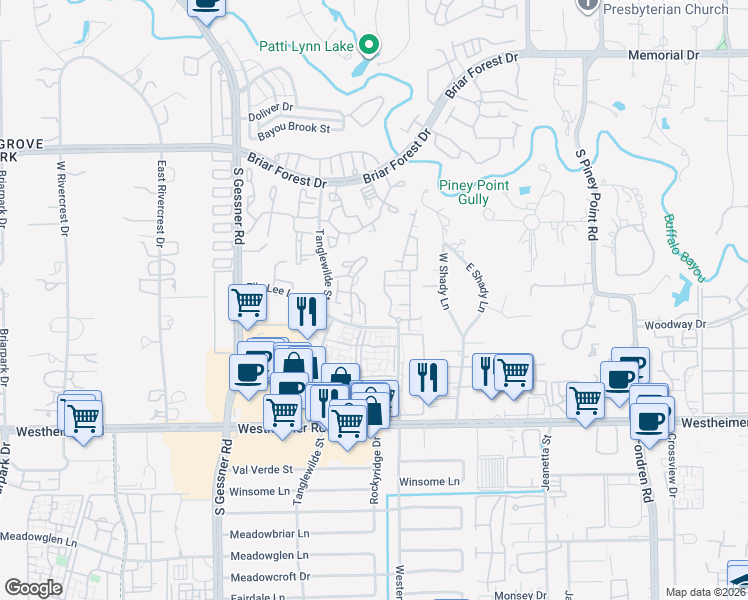 map of restaurants, bars, coffee shops, grocery stores, and more near 2222 Westerland Drive in Houston