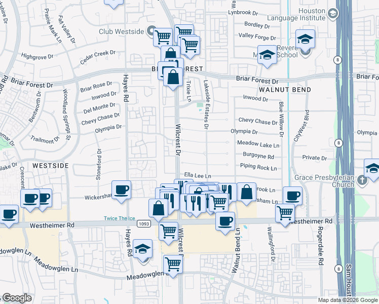 map of restaurants, bars, coffee shops, grocery stores, and more near 10922 Burgoyne Rd in Houston