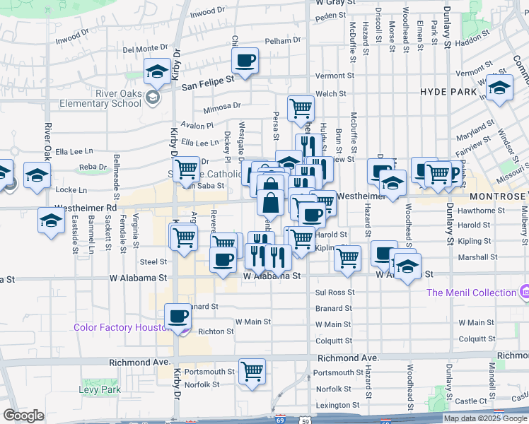 map of restaurants, bars, coffee shops, grocery stores, and more near 2614 Greenbriar Drive in Houston