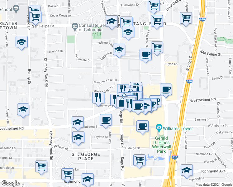 map of restaurants, bars, coffee shops, grocery stores, and more near 5211 Chesapeake Way in Houston