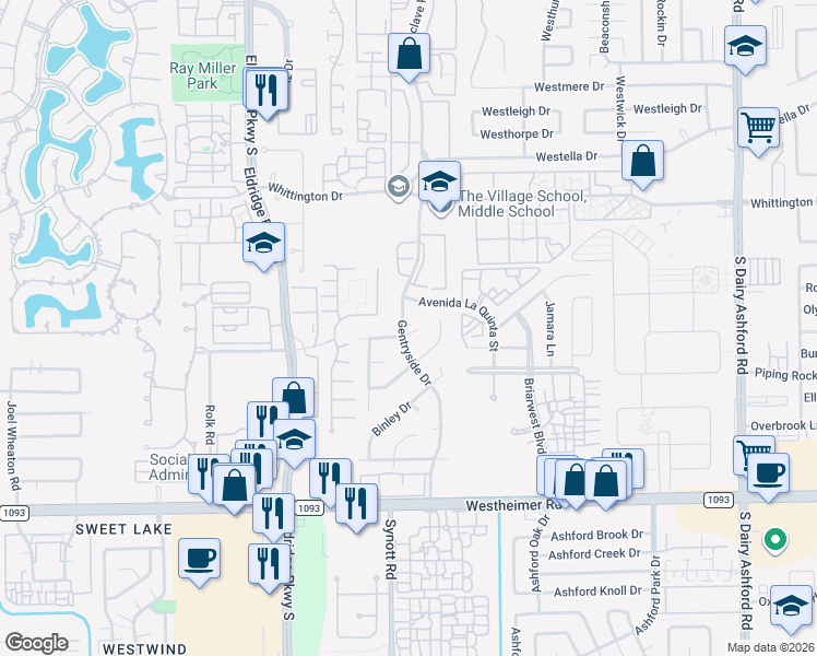 map of restaurants, bars, coffee shops, grocery stores, and more near 13010 Rincon Drive in Houston