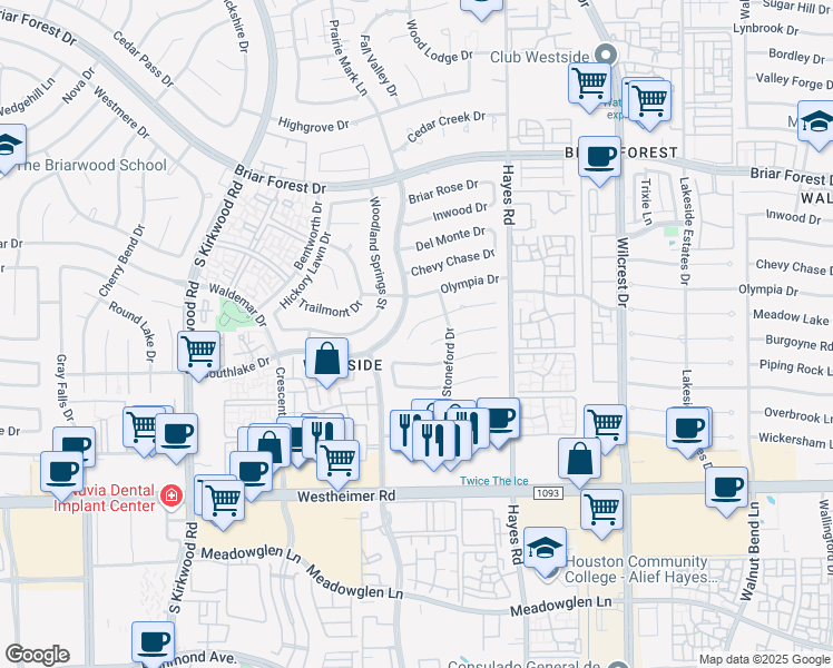 map of restaurants, bars, coffee shops, grocery stores, and more near 11527 Meadow Lake Drive in Houston