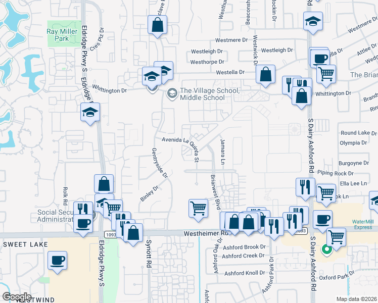 map of restaurants, bars, coffee shops, grocery stores, and more near 2220 Avenida La Quinta Street in Houston