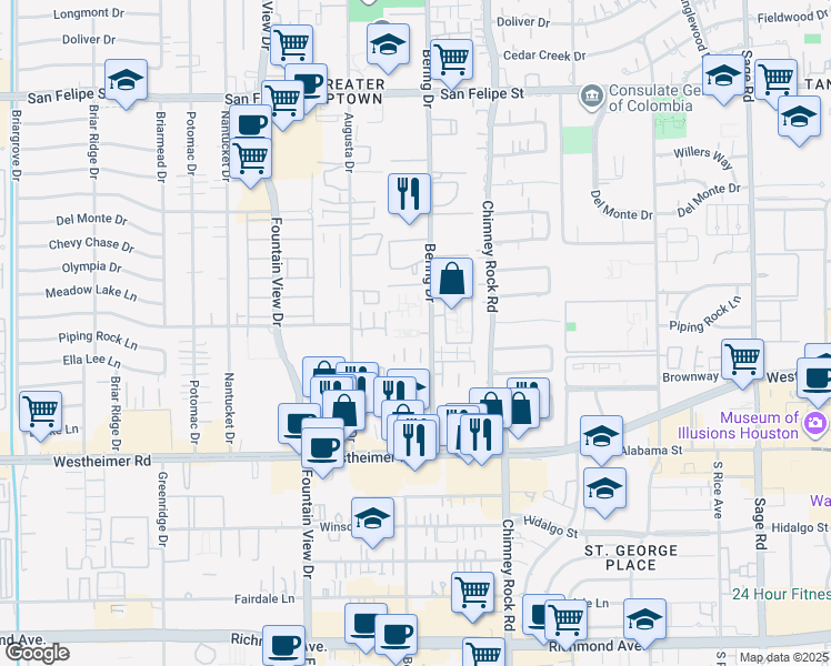map of restaurants, bars, coffee shops, grocery stores, and more near 2362M Bering Drive in Houston