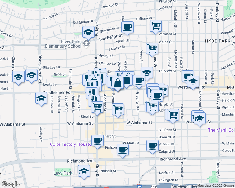 map of restaurants, bars, coffee shops, grocery stores, and more near 2407 Westheimer Road in Houston
