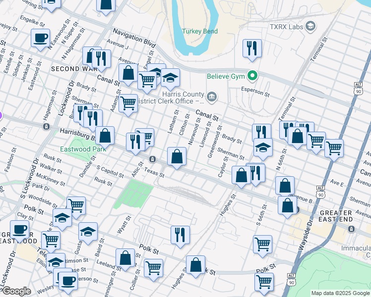 map of restaurants, bars, coffee shops, grocery stores, and more near 212 Norwood Street in Houston