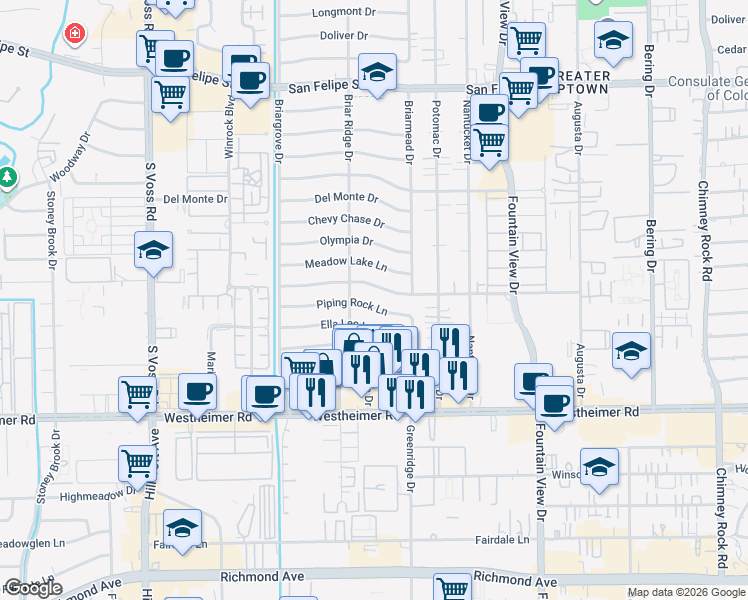 map of restaurants, bars, coffee shops, grocery stores, and more near 6150 Piping Rock Lane in Houston