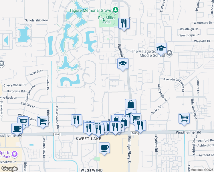 map of restaurants, bars, coffee shops, grocery stores, and more near 2119 Camden Creek Lane in Houston