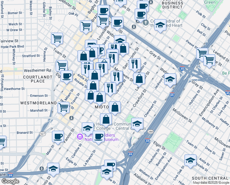 map of restaurants, bars, coffee shops, grocery stores, and more near 1200 Tuam Street in Houston