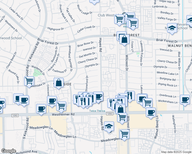 map of restaurants, bars, coffee shops, grocery stores, and more near 11315 Burgoyne Drive in Houston
