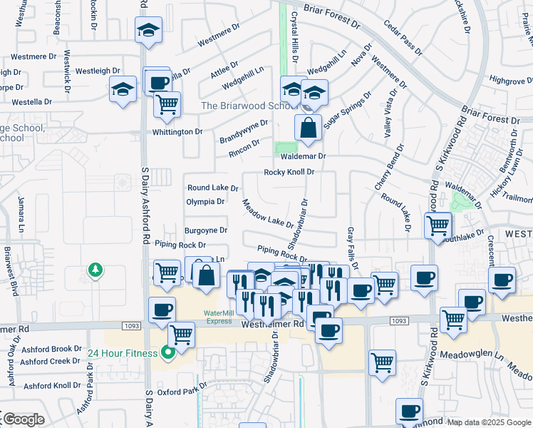 map of restaurants, bars, coffee shops, grocery stores, and more near 12226 Meadow Lake Drive in Houston
